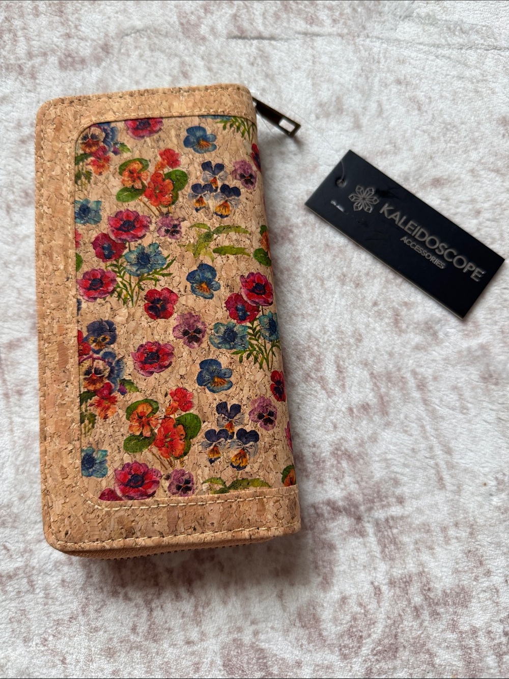Kaleidoscope Floral Cork Zip Wallet - Natural Multicolor